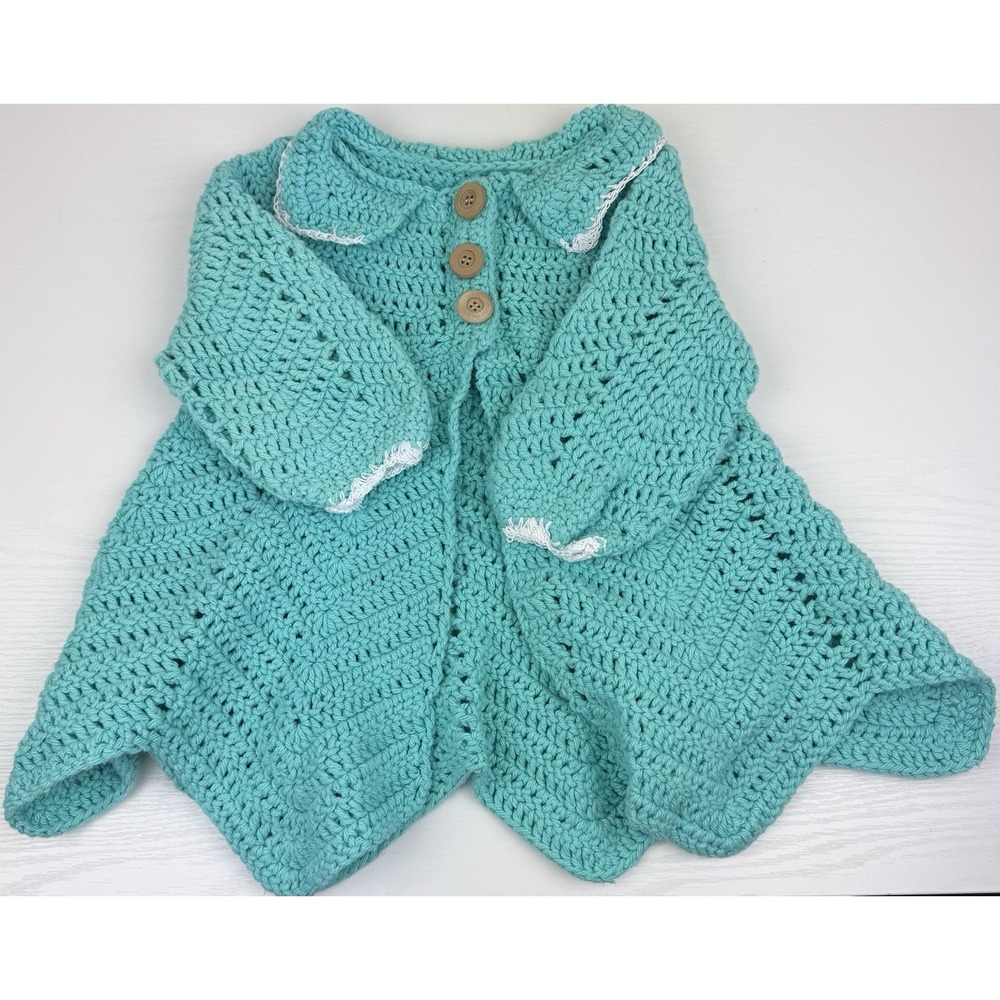 Handmade Crochet Baby Blue & White Cardigan‎ Boho Sweater Cottagecore 12-18M.